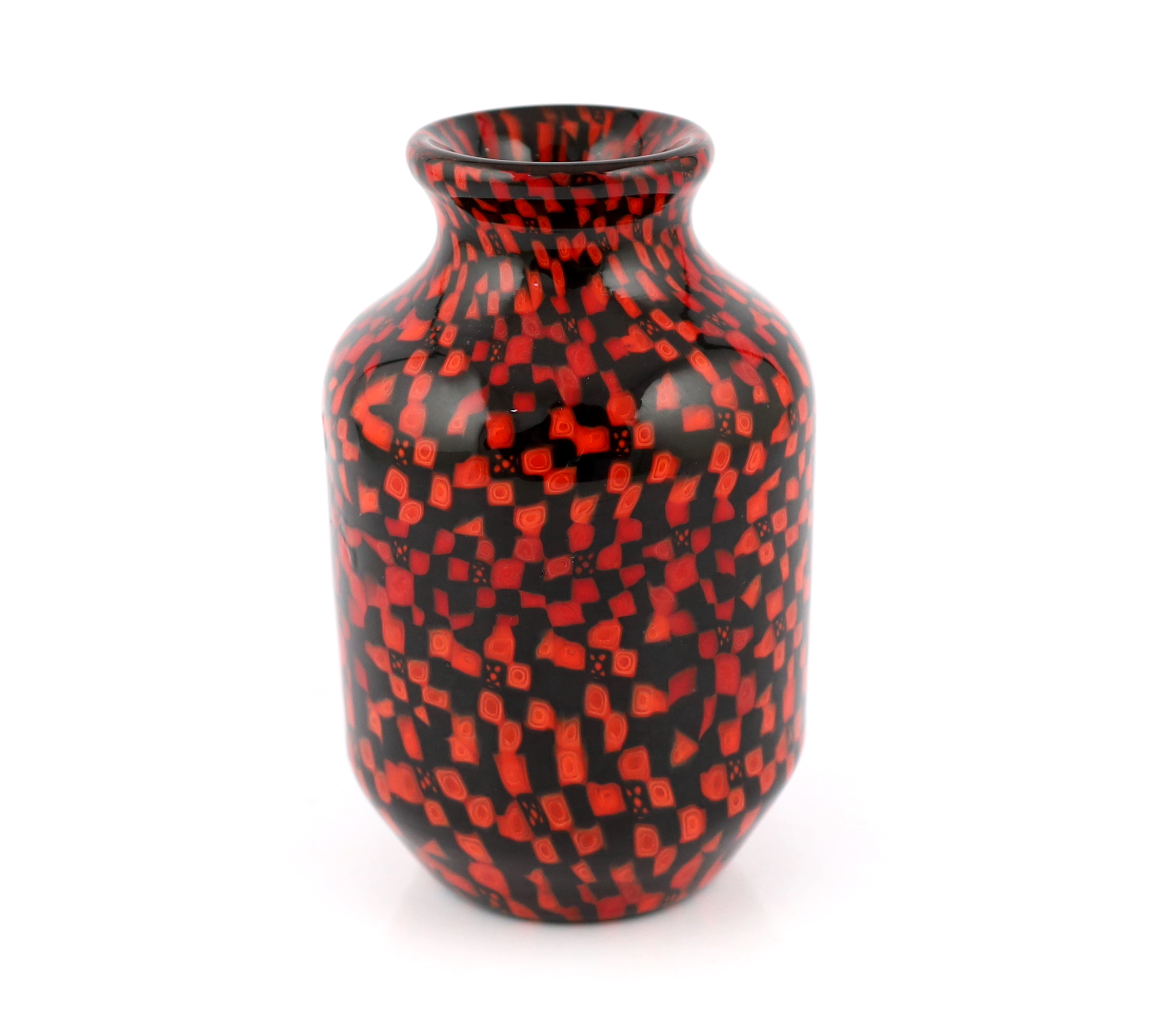 Vittorio Ferro (1932-2012) A Murano glass Murrine vase, in red and black, signed, 19cm, Please note this lot attracts an additional import tax of 20% on the hammer price